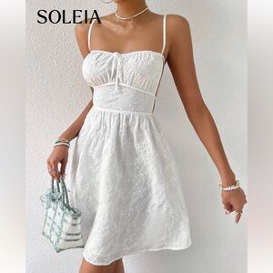 Soleia Eyelet Embroidery Tie Front Backless Cami Dress White XS Coquette